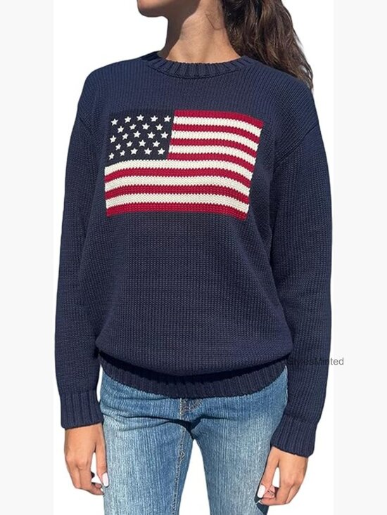Sweaters - Striped Knit Flag Sweater Pullover Patriotic Top US